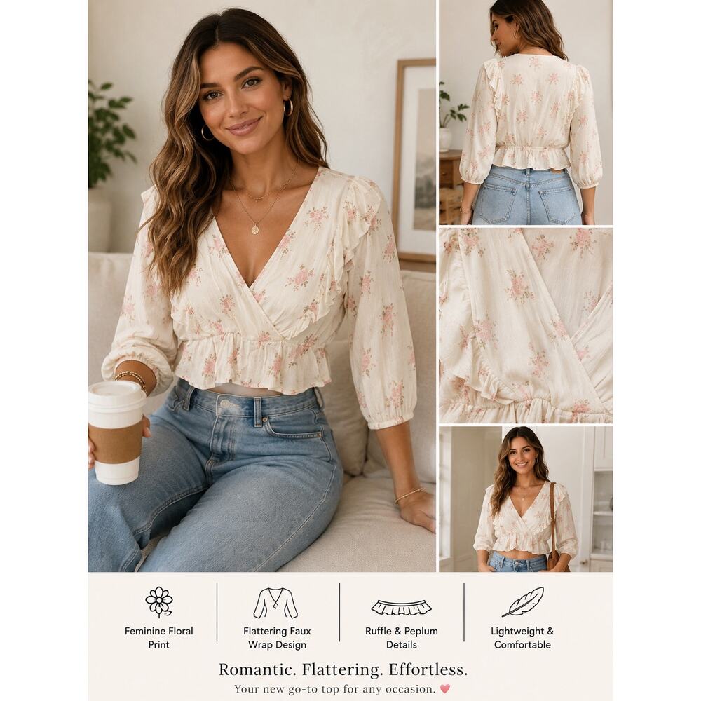 BCBGeneration Floral Faux Wrap Crop Top Womens Size XL Cream 3/4 Sleeve